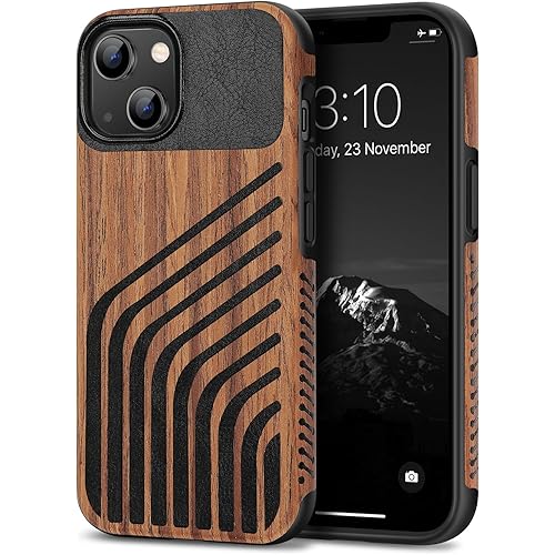 TENDLIN Compatible with iPhone 14 Case Wood Grain with Carbon Fiber Texture Design Leather Hybrid Slim Case (Hairline)