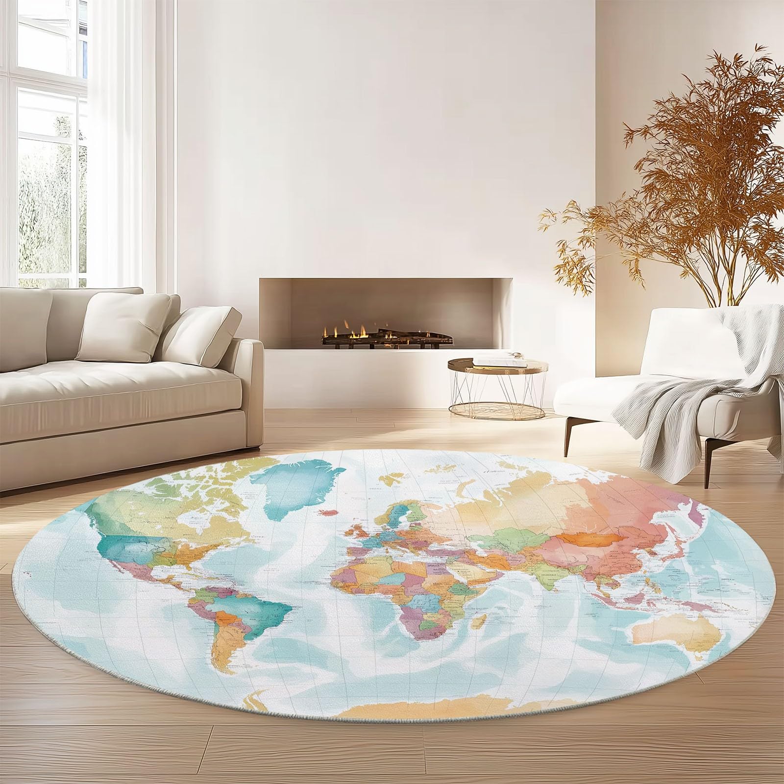 Tappeto Rotondo Salotto, Morbido Mappa Del Mondo Ad Acquerello Tappetini Antiscivolo lavabile in lavatrice, Tappeto per Bambini Cameretta Cucina Casa Zona Balcone Tappet Tavolino 160 cm, Bianco