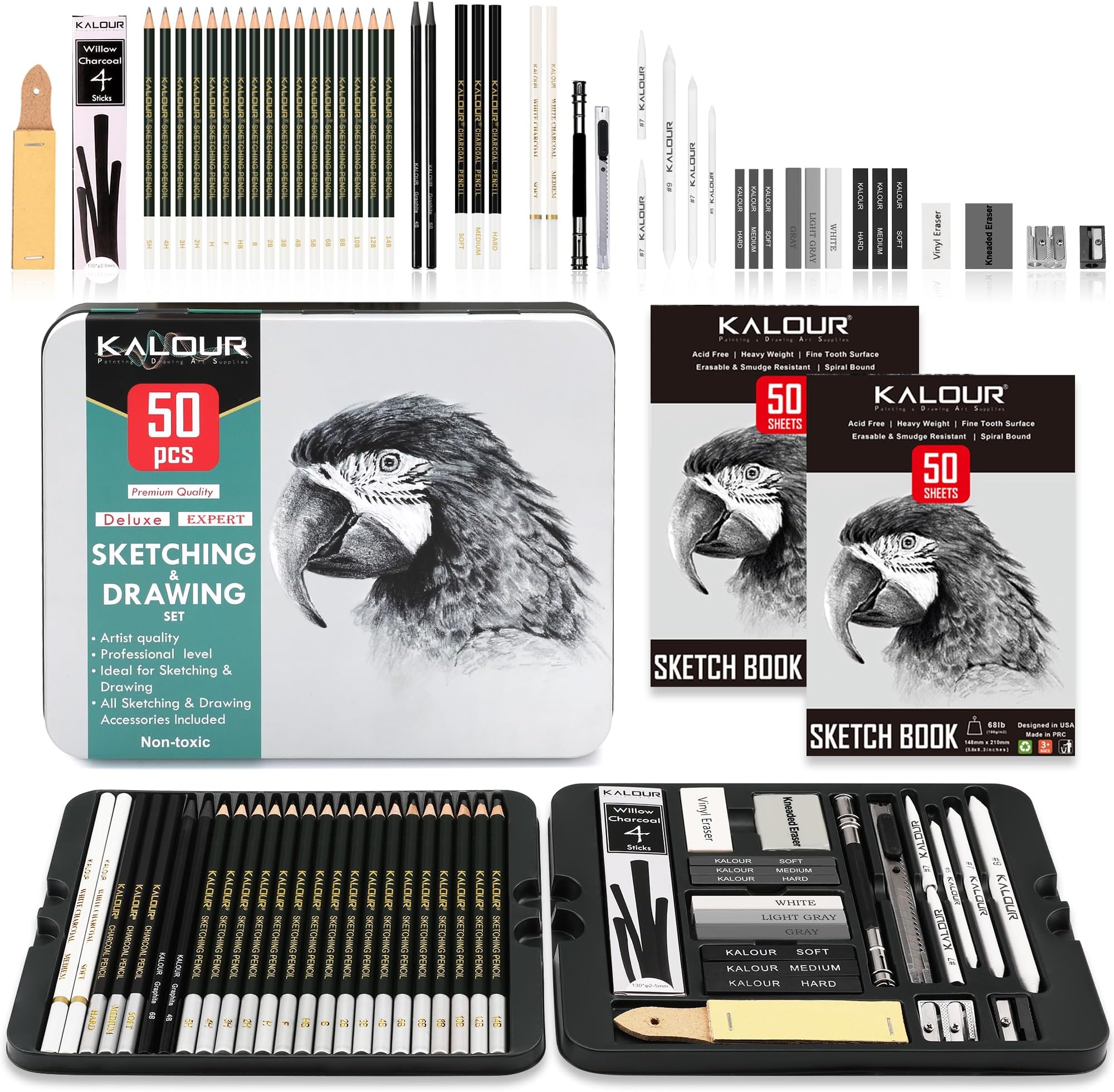 KALOUR52-Pack Sketch Drawing Pencils Kit with Two Sketchbook,Tin Box,Include Graphite,Charcoal and Artists Tools,Pro Art Drawing Supplies for Adults Beginner Kids