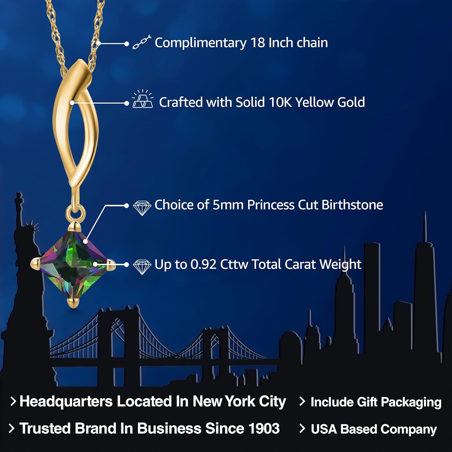 Gem Stone King 10K Yellow Gold Customized and Personalized Princess 5MM Gemstone Birthstone Pendant Necklace for Women With 18 Inch Chain - Image 2