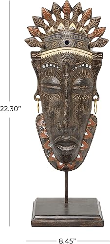 Miniatura 6 de Deco 79 Máscara Polystone Escultura africana primitiva, 8 x 6 x 22 pulgadas, marrón