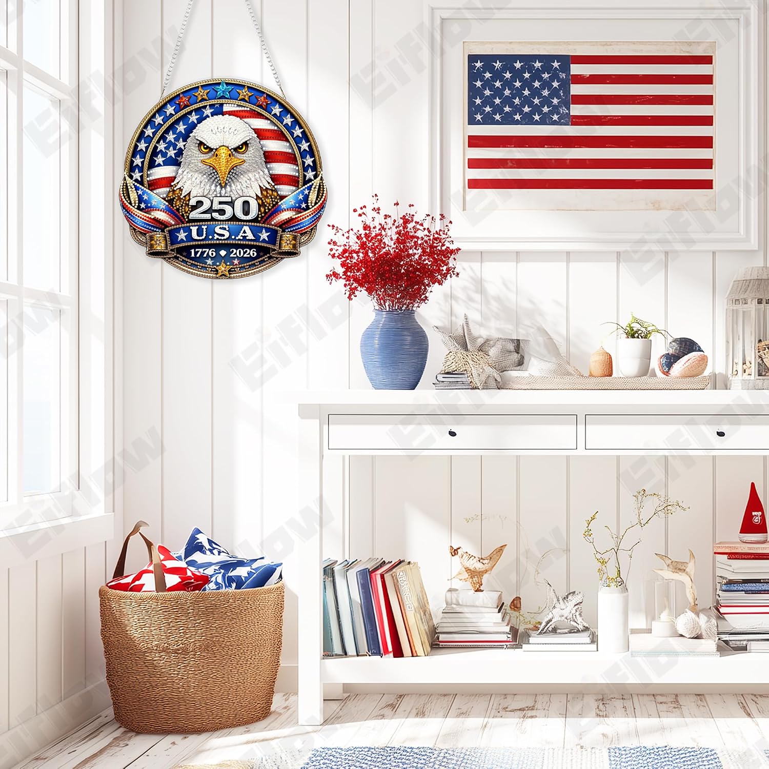 Eiflow 250 Years Anniversary USA Diamond Art Hanging Kit for Adults, DIY Patriotic Diamonds Painting Door Hanger Board Kit, Crystal Diamond Art Painting Pendant Ornament (4th of July Eagle Badge)