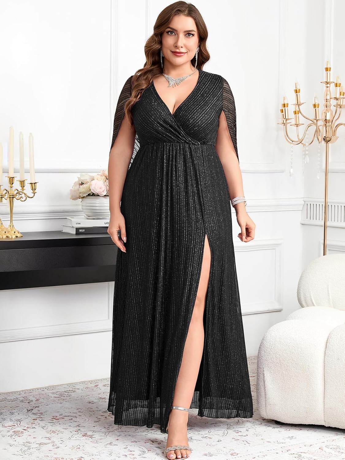 CYCLAMEN Plus Size Sparkly Formal Dress Cape Sleeve V Neck A Line Side Split Maxi Evening Gown Wedding Guest Prom Dresses - Image 5