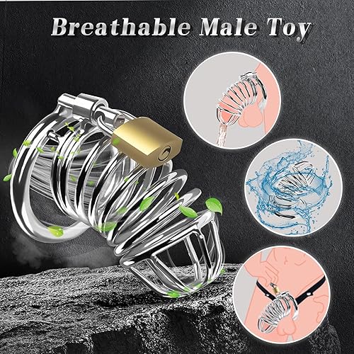 Miniatura 6 de Jaula de castidad masculina, juguetes sexuales para hombres, dispositivo de castidad grande con 3 tamaños de anillos y cinturón auxiliar elástico