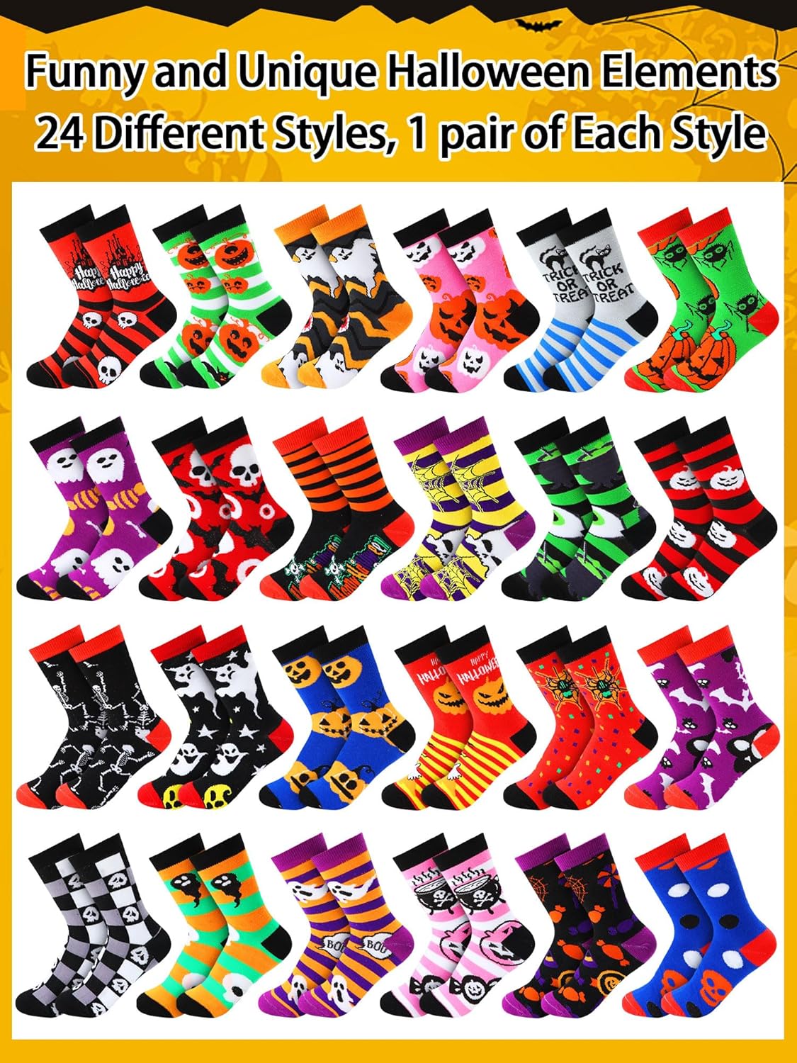 Shinymoon 24 Pairs Halloween Socks Novelty Fuzzy Pumpkin Spider Skull Skeleton Crew Sock Bulk Gifts for Women Men - Image 2