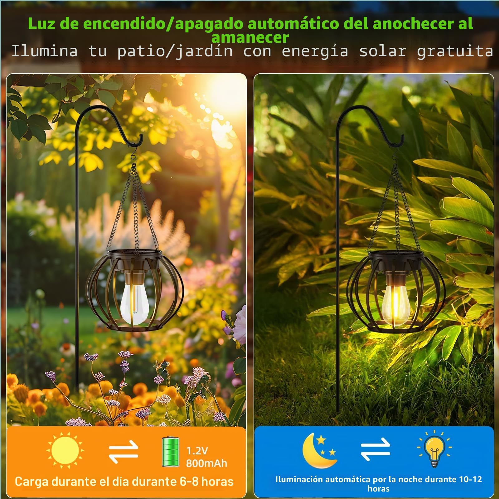 Faroles Solares para Jardín Exterior, Luces Colgantes, IP65 Impermeable, Linterna de Redondo de Metal con Gancho, Lámpara Solar Colgante automático para Jardín Patio, 2 piezas