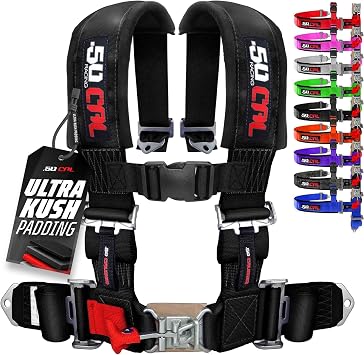 1pc 50 Cal Black 4 Point Harness 2 inch straps, Racing Harness Seat Belt | Ultra Kush padding, Push Button quick release hardware. Universal Fit for UTV, RZR, race car