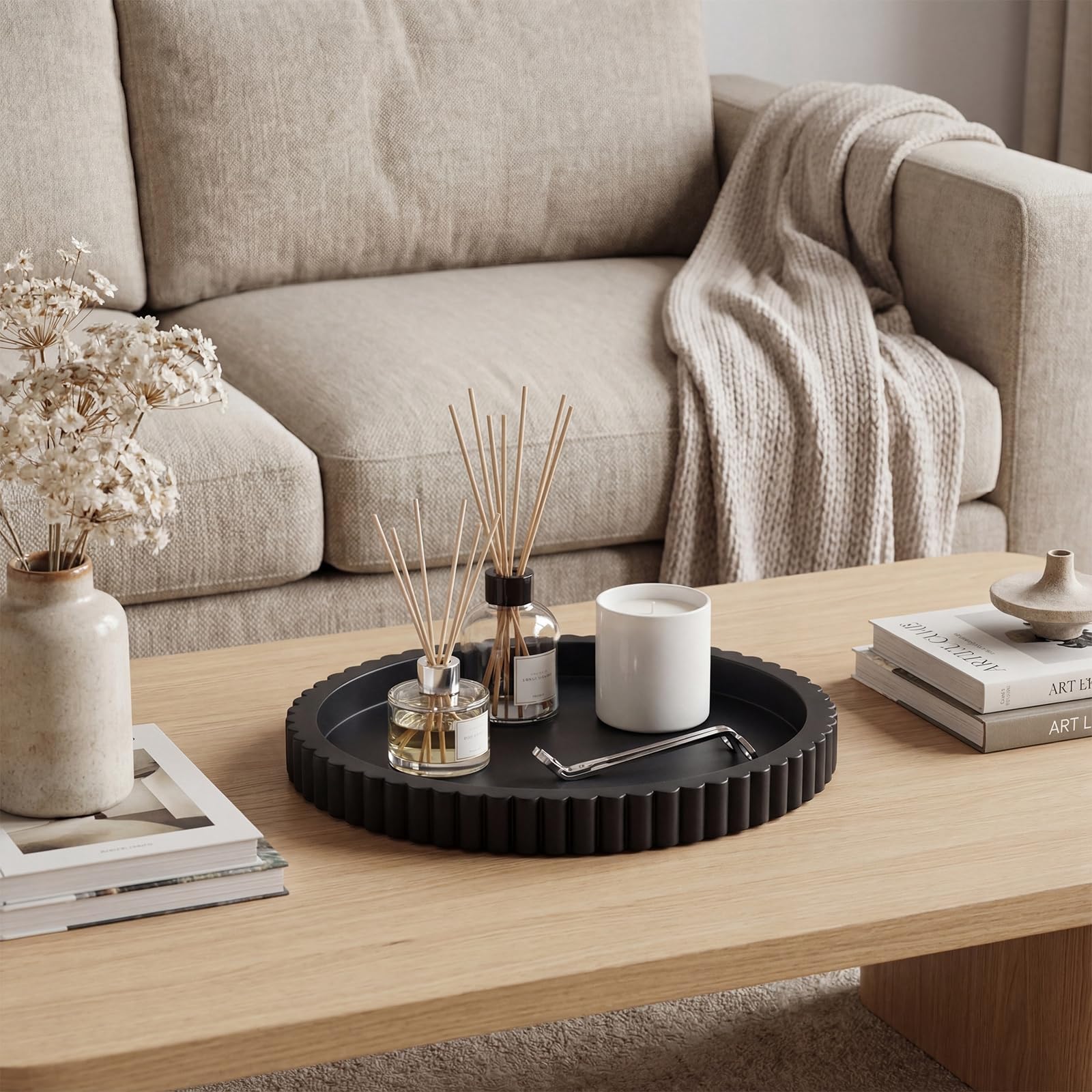 Yalikop Vassoio decorativo ovale in cemento per tavolino da caffè, 38,1 cm, moderno, nero, centrotavola, vassoio ottomano decorativo per servire la decorazione della casa Bandejas Decorativas regalo