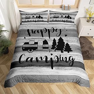 Castle Fairy Camper Duvet Cover Queen Set,Vintage Barn Door Stripes Bedding Set 3pcs for Kids Teens,Happy Camping Truck Graffiti Comforter Cover Soft Quilt Cover Home Decor,Gray