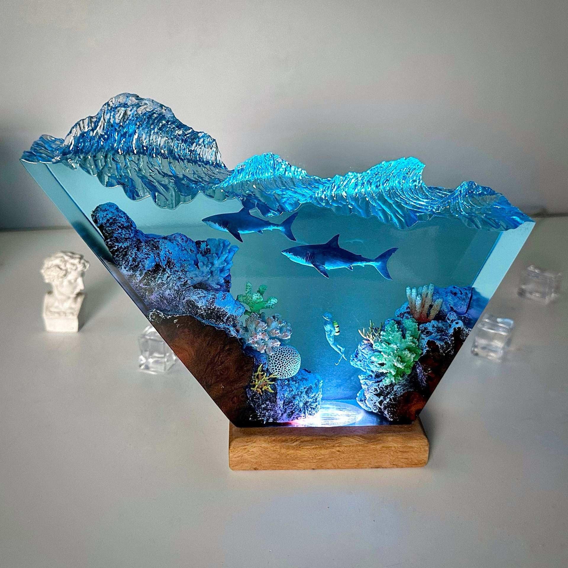 Lampada in Resina Epossidica, Luce LED 3D Scena Subacquea | Lampada Decorativa Artigianale per Camera da Letto, Soggiorno e Arredamento Casa(15*10cm/5.9*3.9in)