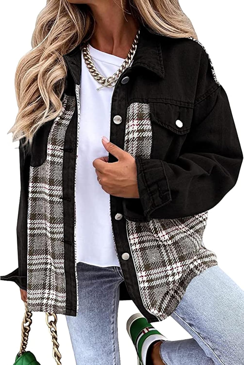Women's Oversized Plaid Denim Jacket Boyfriend Long Sleeve Button Down Jean Shacket Jacket