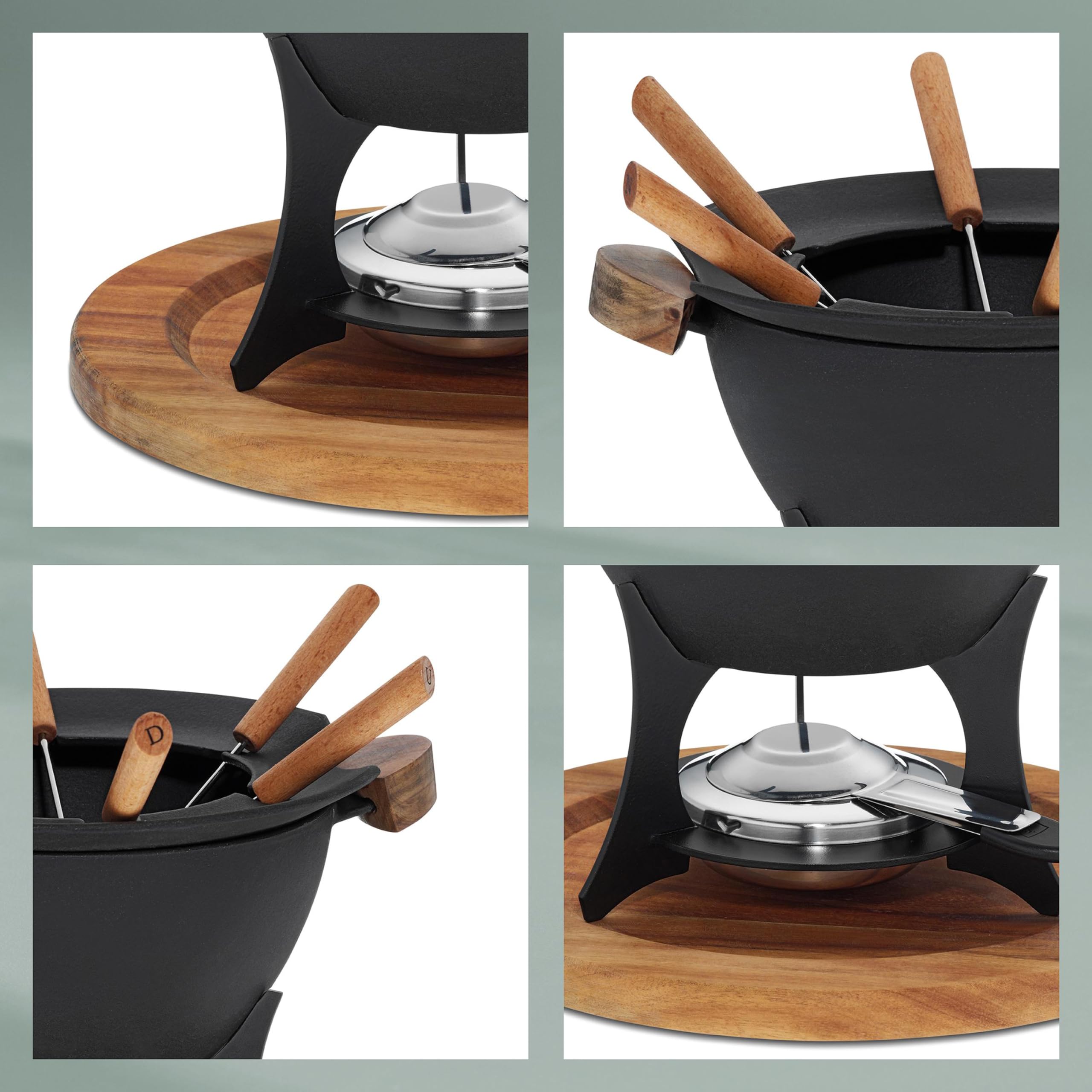 kela Fondue-Set Country, 11-teilig, Durchmesser 27 cm, 1 L, emailliertes Gusseisen, schwarz, Topf, Brennpastenbrenner, Rechaud, Spritzschutz, Untersetzer aus Akazienholz, 6X Fonduegabeln, 16644