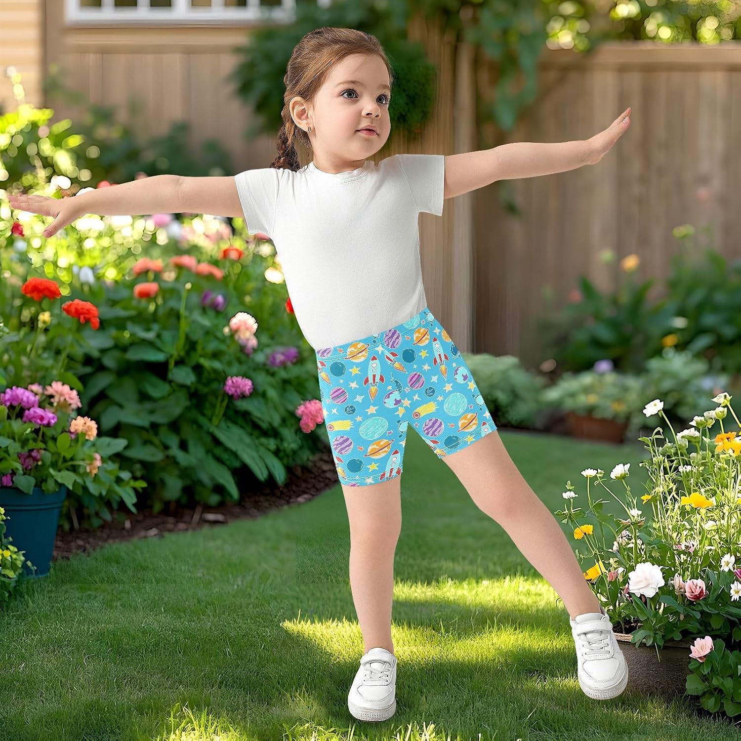 Planet Star Cartoon Cyan Girls Bike Shorts Toddler Soft Cotton Active Under Dress Shorts