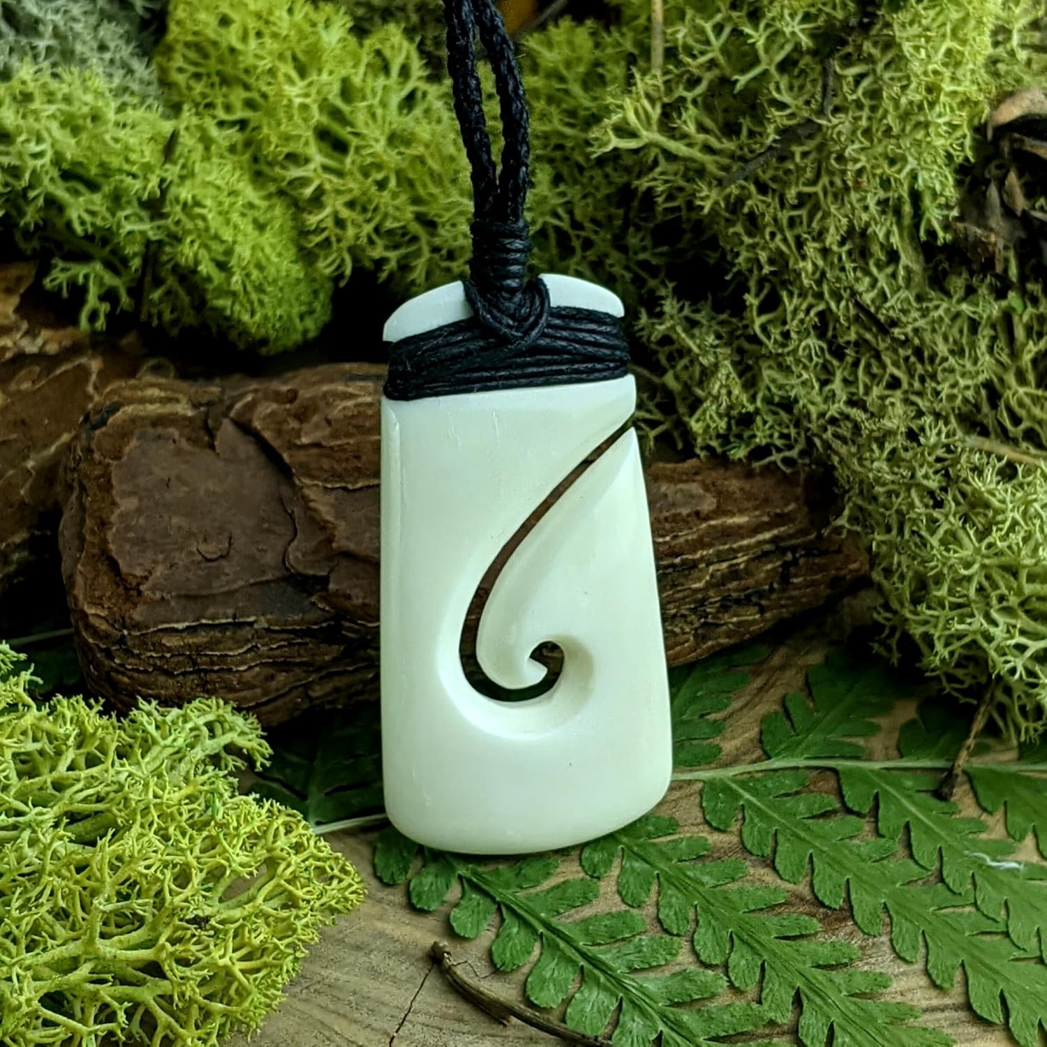 81stgeneration Hand-Carved Bone Rectangular HEI Matau Pendant - Maori-Style Toki with Koru Spiral Amulet - Men's Surfer Accessory - Handmade Tribal Fish-Hook Cord Necklace - Boho Jewelry for Women