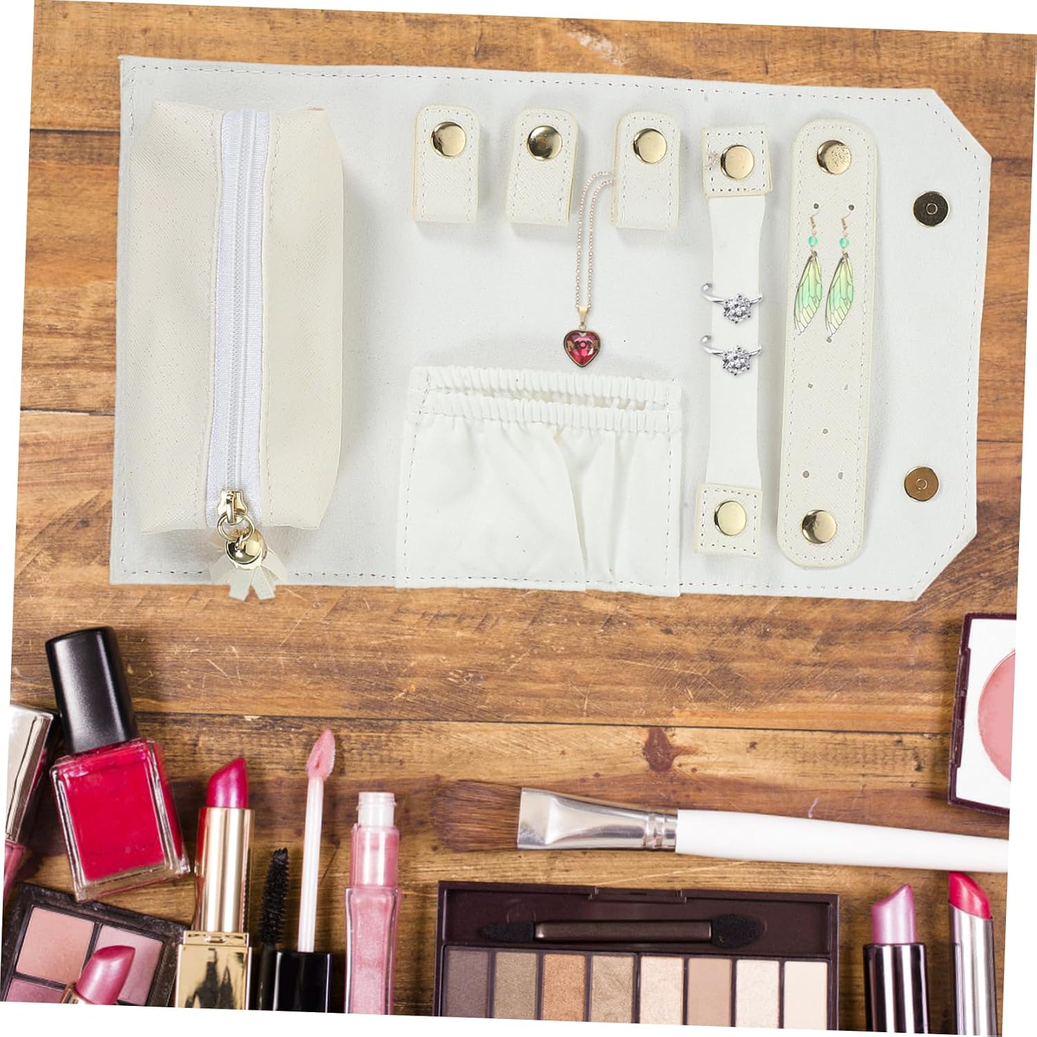 Foldable Jewelry Storage Roll Bag for Travel, Lightweight White Leather image 4