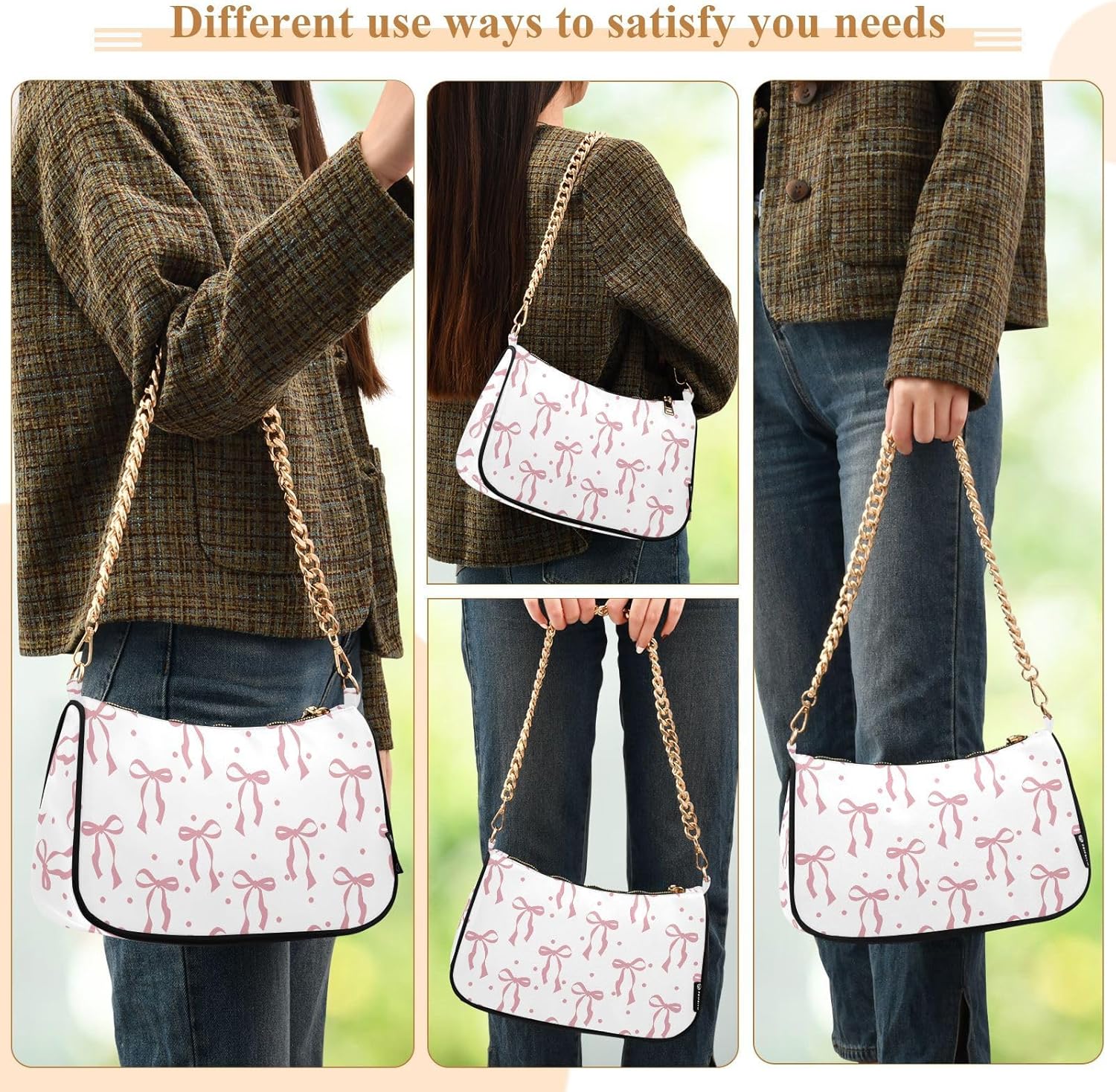 Ribbon Polka Dot Bow Chain Shoulder Bag Hobo Tote Handbag Mini Clutch Purse with Zipper Closure for Women