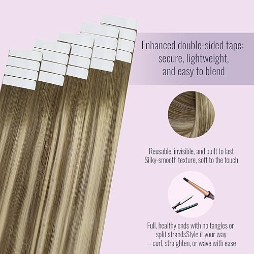 Miniatura 3 de Fshine Extensiones de cabello humano con cinta, 12 pulgadas, 1.06 oz, balayage, castaño a rubio platino, 20 unidades, cabello Remy lacio invisible