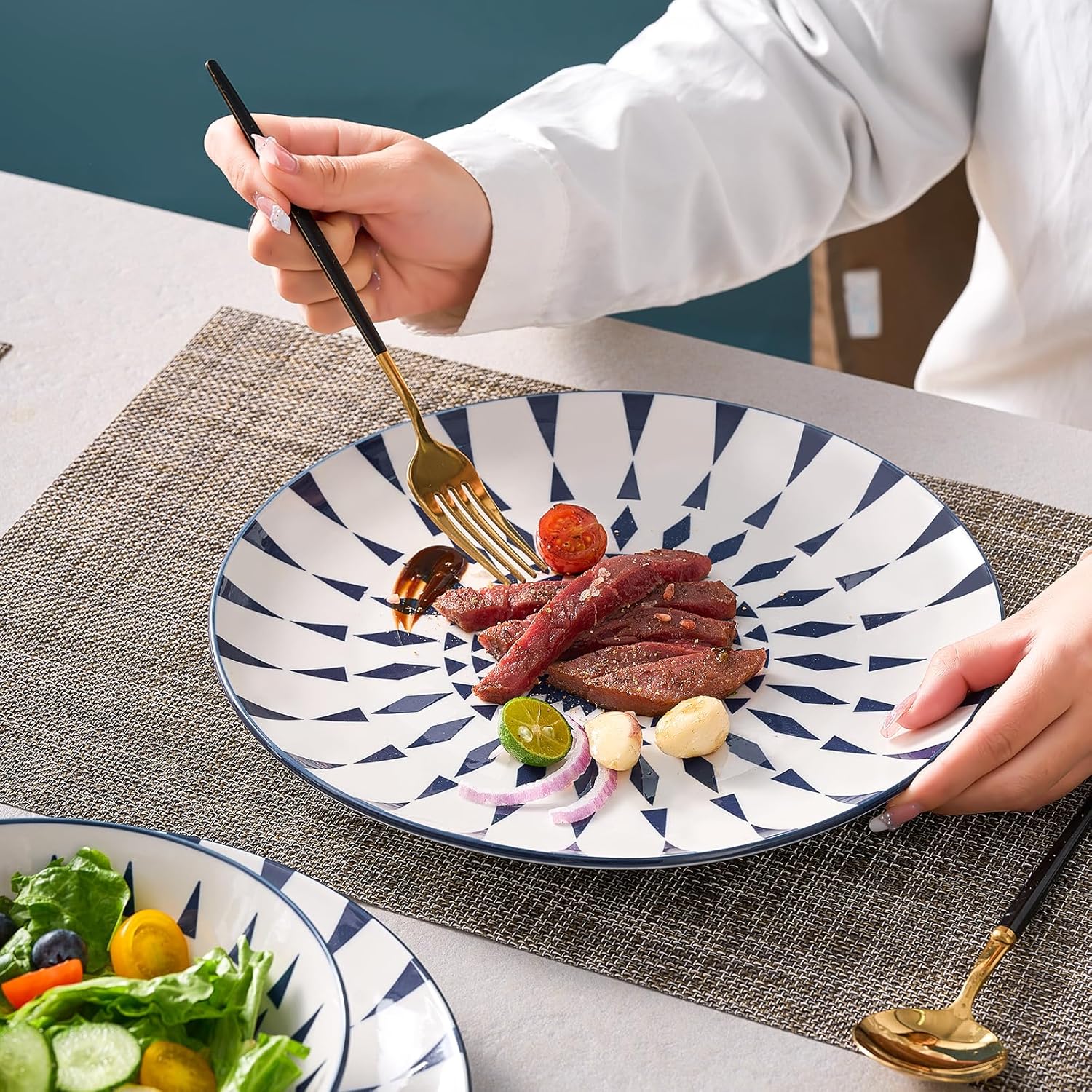 Bestone Ceramic 12-Pieces Dinnerware Sets, Ceramic Dish Plates and Bowls Sets, Dishes Set for 4, Dinner Salad Dessert Plates, and Cereal Bowls Set, Gift,Vintage Blue