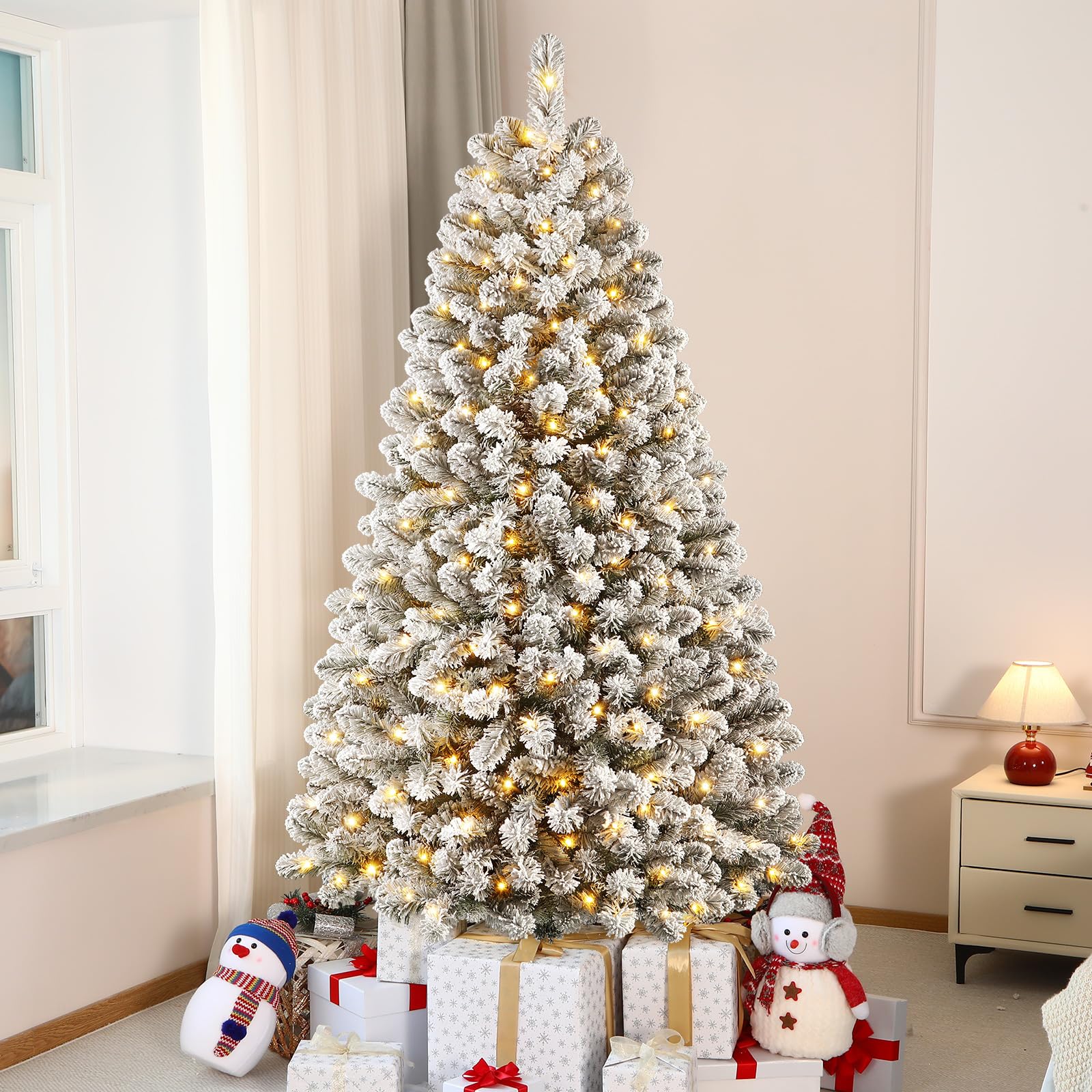 SHareconn Albero di Natale Artificiale 210cm Neve e Luci LED 320 LED Bianco Caldo, 8 Modalità, Pieghevole & Antifiamma