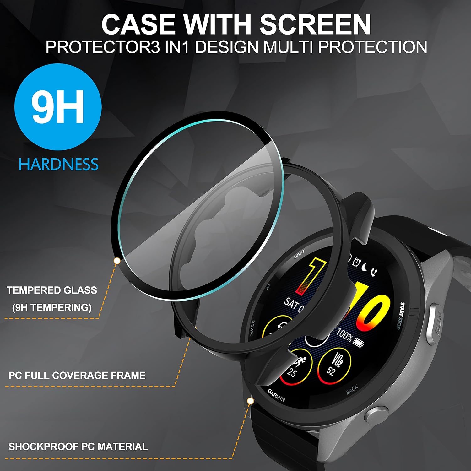 Suoman 2-Pack for Garmin Forerunner 265S Case, High Definition Clear Tempered Glass Screen Protector, Full Coverage Durable PC Hard Protective Cover Bumper (Black+Black)