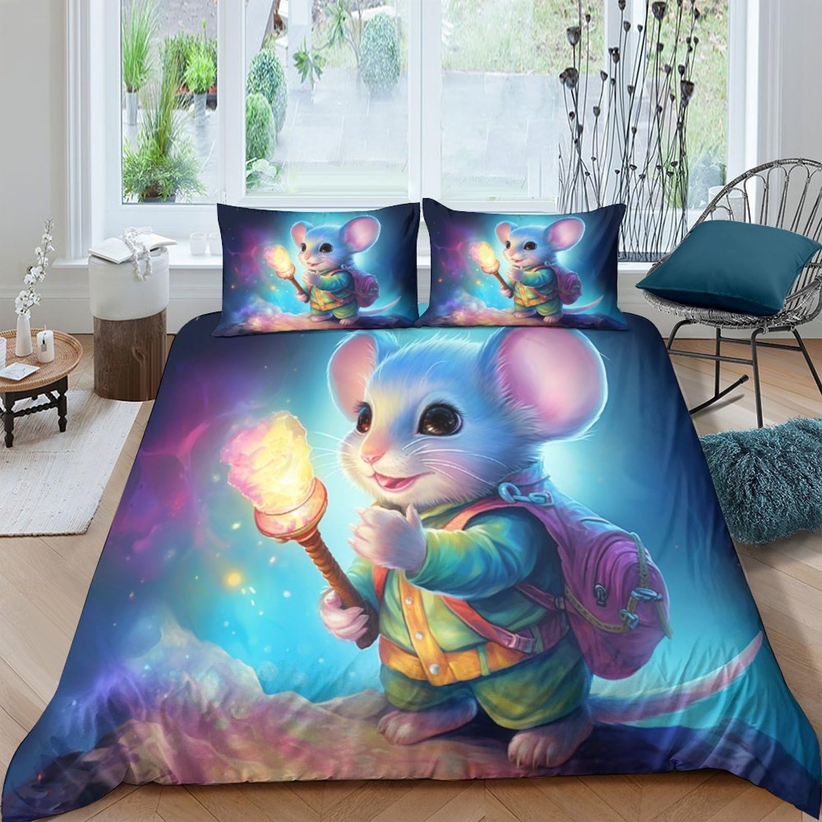 BARDYS Mouse With Torch Duvet Cover Set for Childrens And Adults 3D Printed Bedding Set Cute Animals Comforter Cover Soft Microfiber with Zipper Quilt Cover with Pillowcaser King（220x240cm）