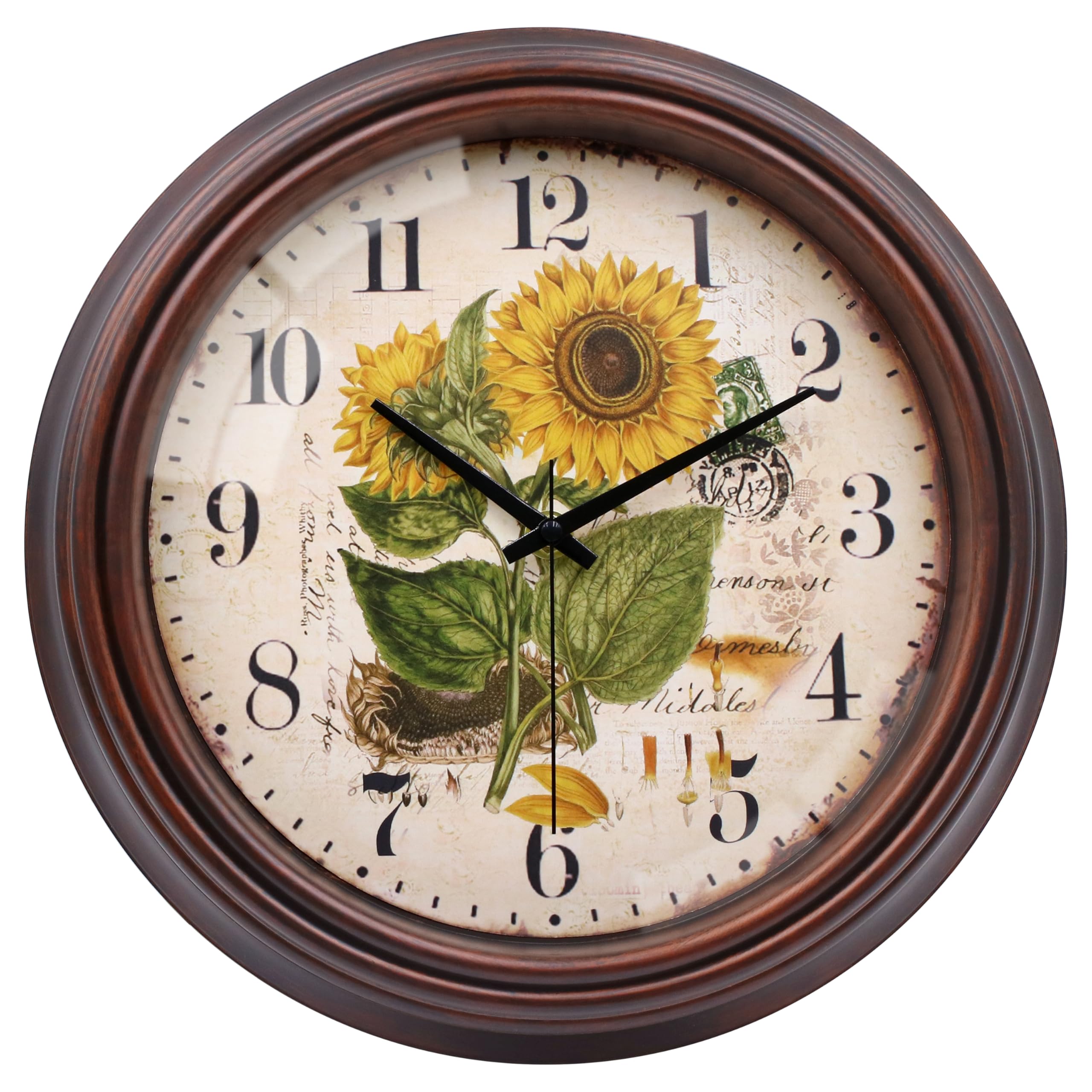 VIKMARI Girasole Orologio da Parete, Vetro Silenzioso Vintage Shabby Chic Orologi per Cucina Soggiorno Bagno Camera da letto Studio, 30cm