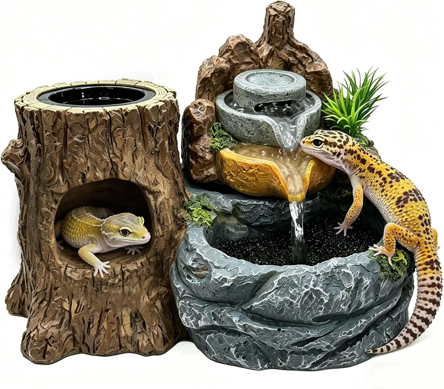 PurifyLogix 3 in 1 Reptile Water Fountain with Food Dish & Hideout, 550ML Reptile Waterfall Drinking Fountain, Reptile Water Dispenser for Bearded Dragon, Gecko, Lizard, Chameleon, Natural Resin