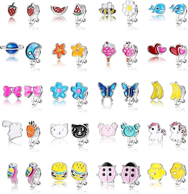 JeryWe 20-24 Pairs Kids Clip on Earrings for Women Girls Princess Play Dress Up Earrings Set for Kids Cute Assorted Colorful Animal Unicorn Heart Flower Rabbit Non Pierced Earrings Set