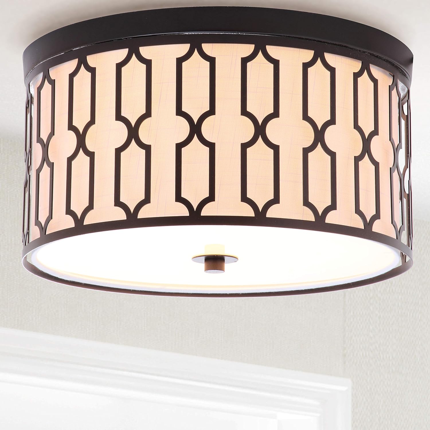 JONATHAN Y 16.75" Oil Rubbed Bronze 3-Light LED Flush Mount Ceiling Light, Modern Geometric Metal Fixture for Bedroom Hallway, White Linen Shade, LED Bulbs Included (JYL3508A)