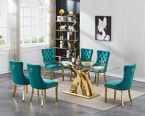 Miniatura 46 de Juego de mesa de comedor de cristal dorado moderno de 70 pulgadas para 6, juego de mesa rectangular de comedor de cocina de 7 piezas con base de
