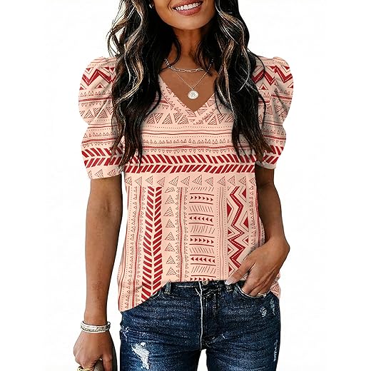 IECCP Women V Neck T Shirts Puff Short Sleeve Tops Fashion Dressy Casual Tunic Loose Fit Blouses