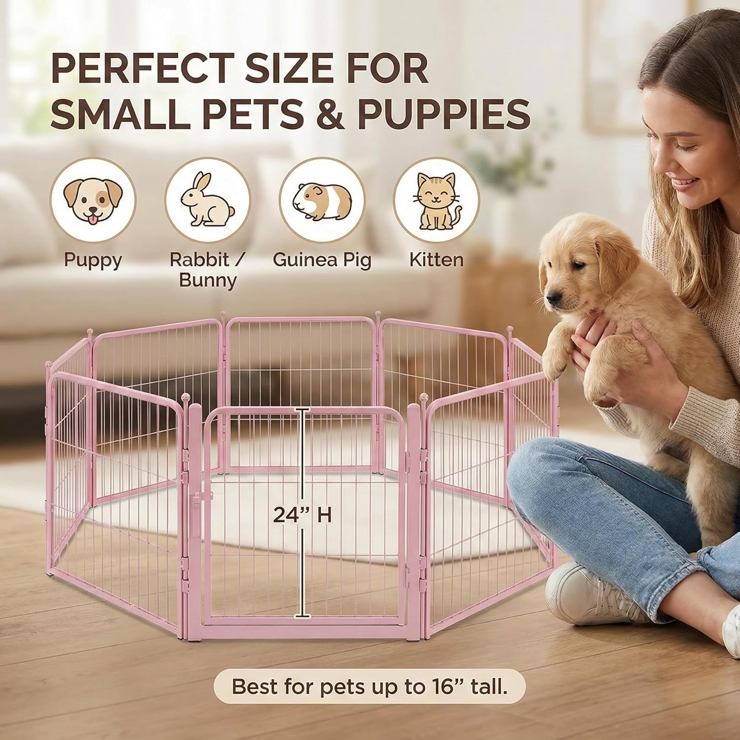 Pink Dog Playpen for Small Dogs & Puppies - 24 Inch Metal Pet Fence Indoor Outdoor with Door, Foldable Exercise Pen, Portable Rabbit Enclosure for Camping, RV, Yard (8 Panels)