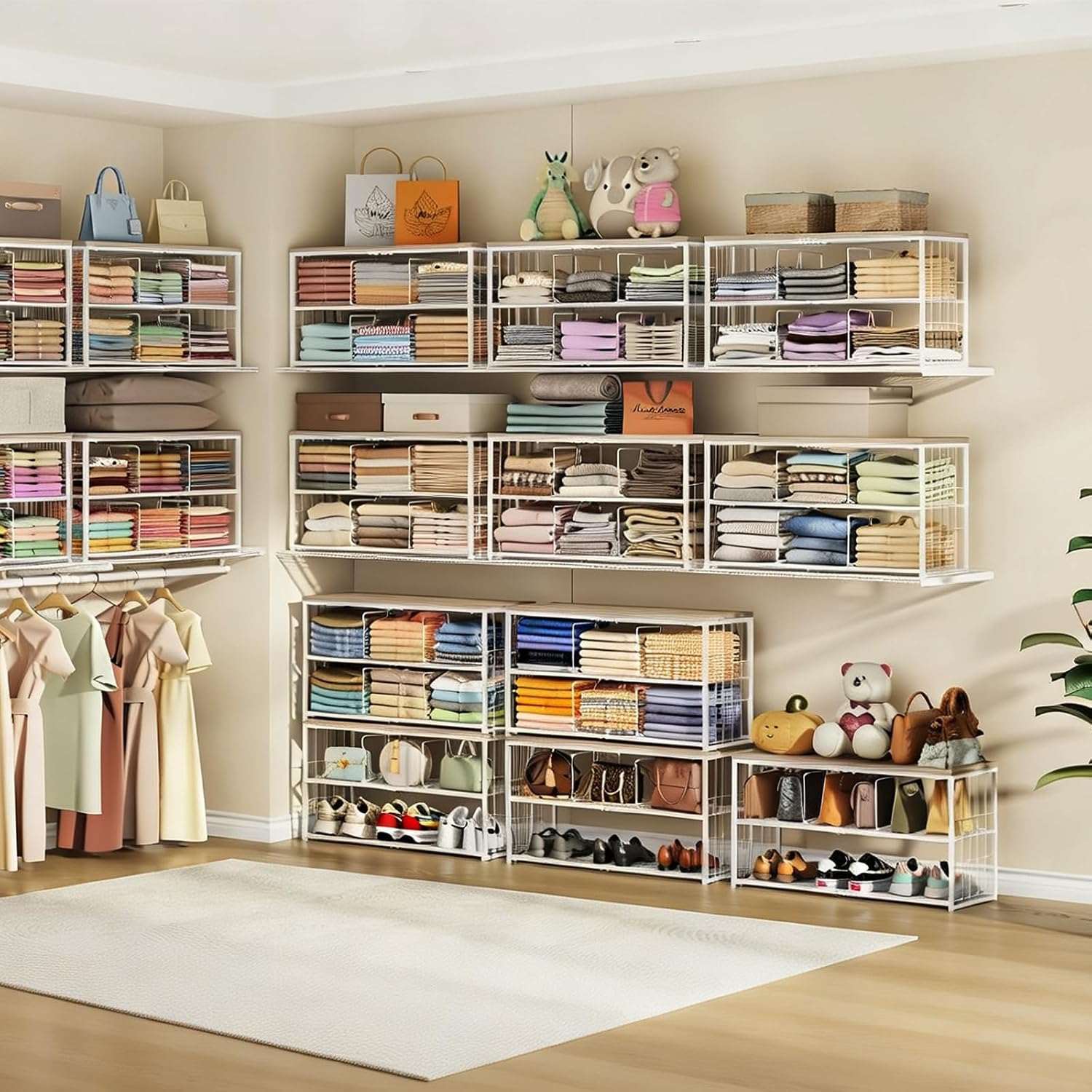 Wood‑Top Closet Clothes Organizers and Storage Shelf with Adjustable Dividers, Stackeble Closet Organizer with Large Capacity For Bedroom,Multi‑Purpose Closet Shelf for Clothes, Handbags, Shoes