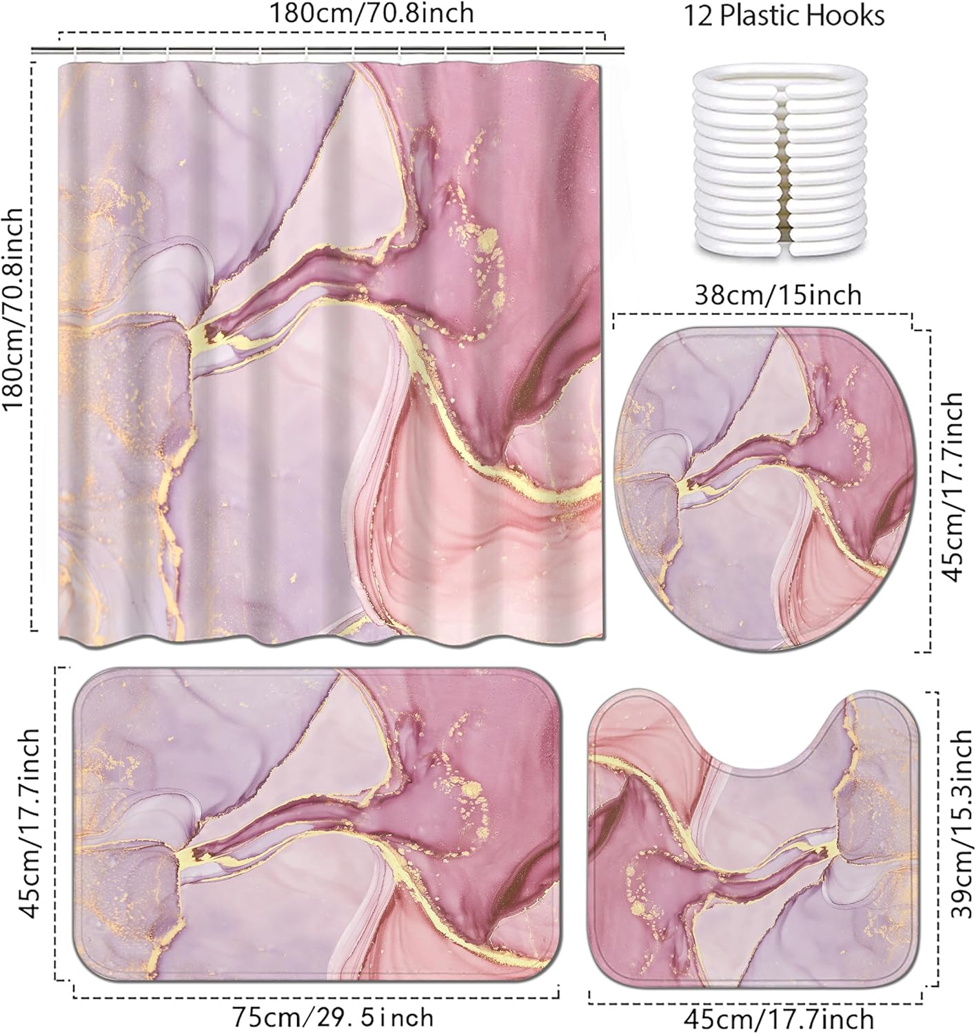 4Pcs Luxury Marble Shower Curtain Sets, Bathroom Sets with Shower Curtain, Toilet Lid Rug, Contour Mat and Bath Mat, Shower Curtain with 12 Hooks for Bathroom Set Decor