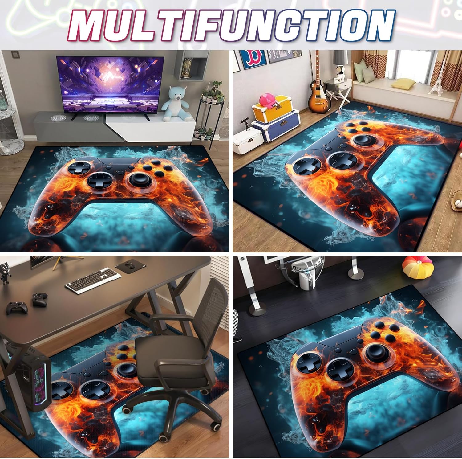 Gaming Area Rug Teen Boys Carpet, Fire with Flames Gamepad Game Controller Design for Game Room, Gaming Room, Boys Girls Bedroom Playroom, Living Room (63"x47" - 160x120cm)