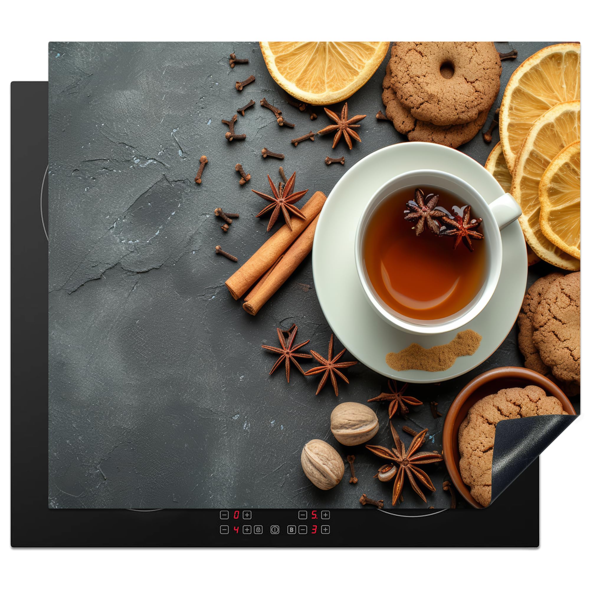 KitchenYeah© Induction Hob Cover Protector Mat 20.2"x22.9" / 58.3x51.3 cm Kitchen Universal Ceramic Covers for Electric Cookers Vinyl Tea - Cinnamon - Concrete - Biscuits - Fruit