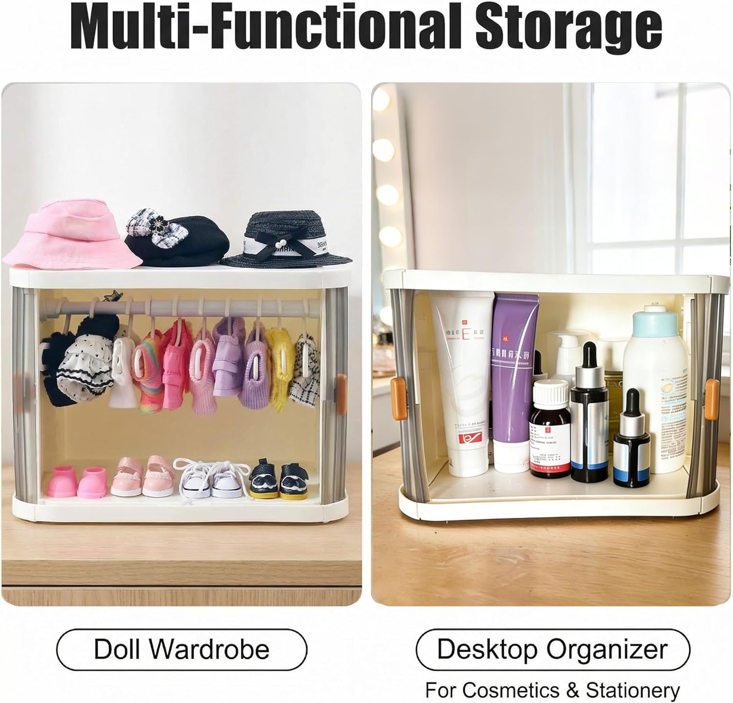 Doll Wardrobe Storage Box, Foldable Doll Closet Equipped with 15 Hangers, Two Pairs of Glasses, one Earphone, and a Pole for 15/17cm Doll Clothes Stackable Organizer Cabinet with Dust-Resistant Cover