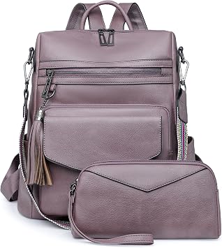 Womens Fashion Backpack Purse for Women Leather Multipurpose PU Ladies Shoulder Bag Travel bag Satchel Handbags Brown Purple
