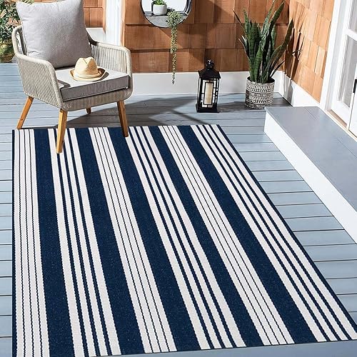 Miniatura 4 de BUAGETUP Alfombra de patio al aire libre a rayas azules y blancas de 4 x 6 pies, alfombra de algodón tejida a mano para patio, alfombra de porche
