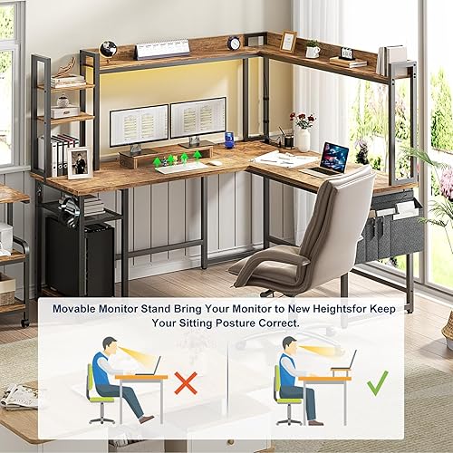 Miniatura 5 de Aheaplus Escritorio en forma de L con toma de corriente, escritorio para juegos en forma de L con luz LED y gabinete, escritorio reversible para