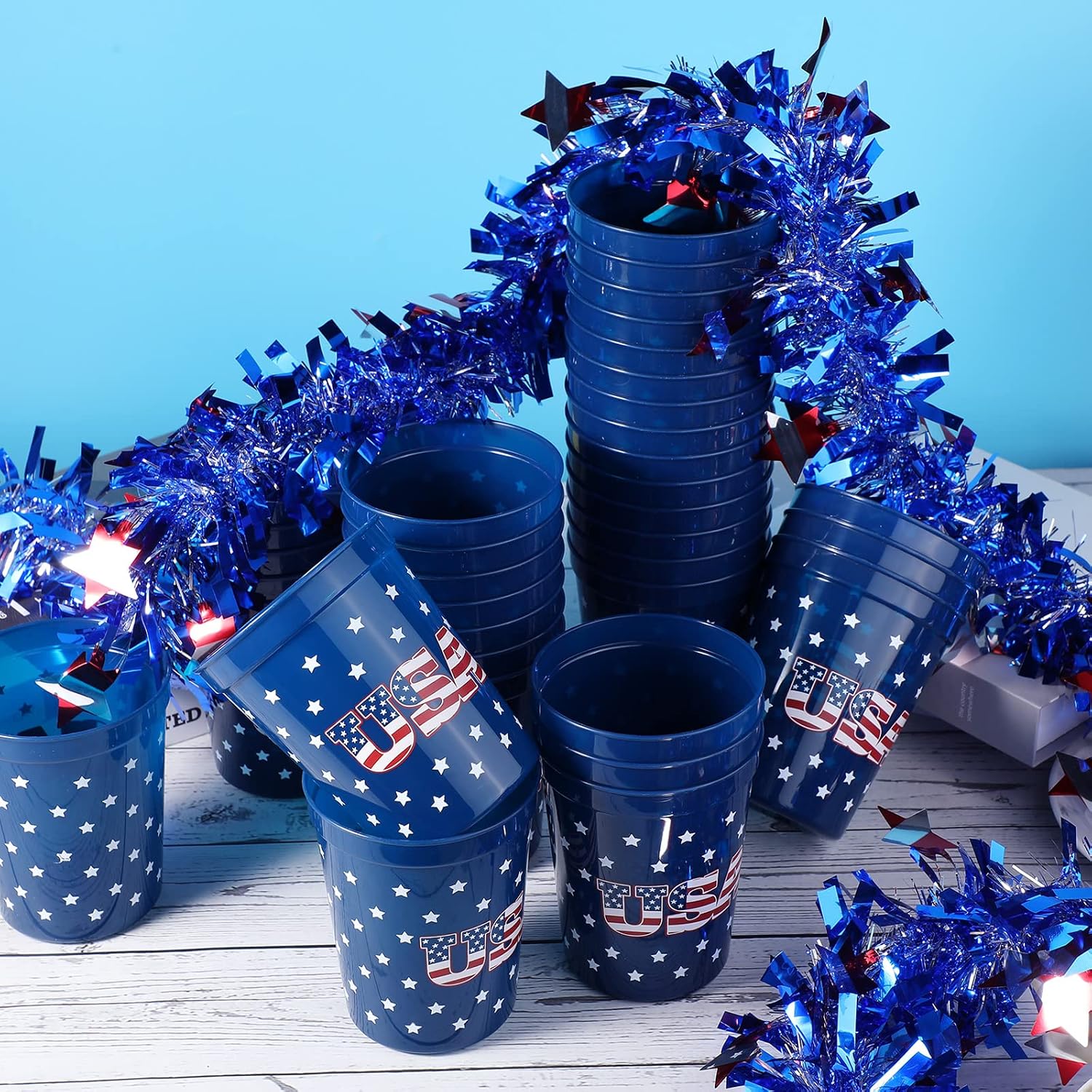 Sabary 32 Pcs Patriotic Plastic Cup 4 of July Star Drinking Cup for 250 Anniversary Red White and Blue Tumbler for Independence Party Supplies Home Decoration Memorial Present(USA)