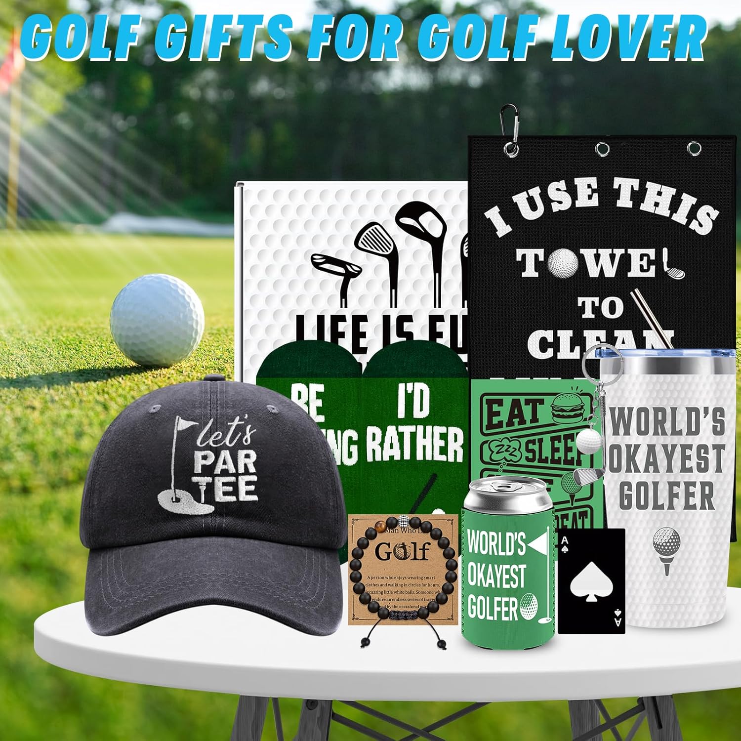 10 Pieces Golf Gifts for Men, Golfing Accessories Gift with 20 Oz Tumbler Hat Socks Golf Towel Bracelet Keychain Can Coolers, Christmas Gifts for Golfer Lovers, Dad, Uncle, Grandpa, Boyfriend, Brother - Image 2