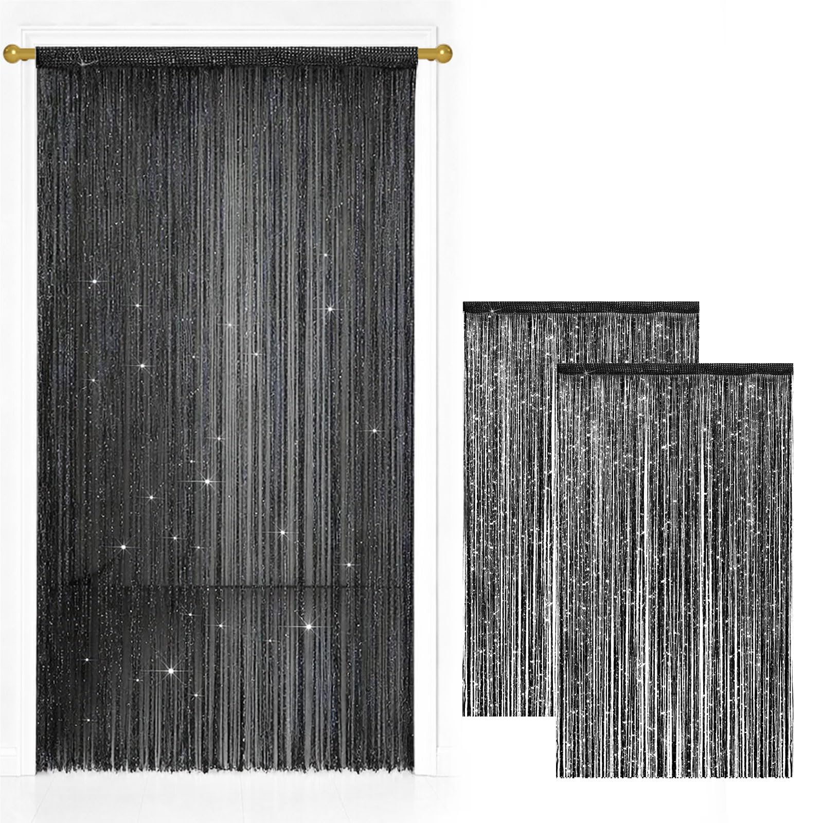 Bocguy 2 Pack String Door Curtains, 100 x 200 cm Glitter Fringe Panel Black — image 1