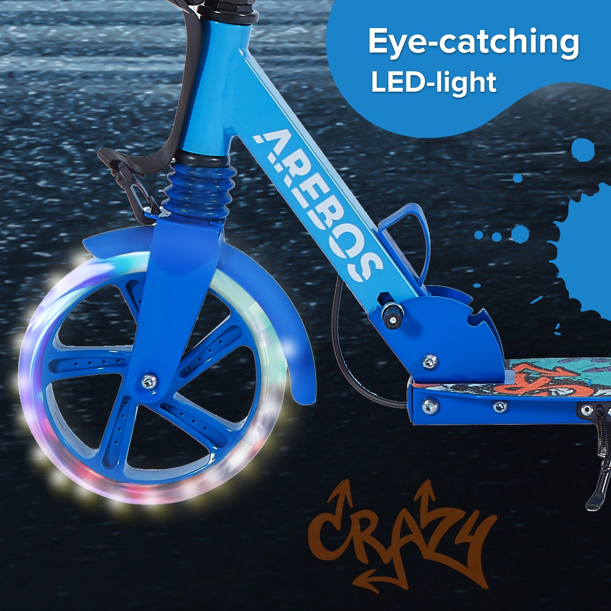Arebos City Scooter Patinete a Pedales Azul Regulable en Altura Plegable Ruedas LED Freno de Pedal Manual
