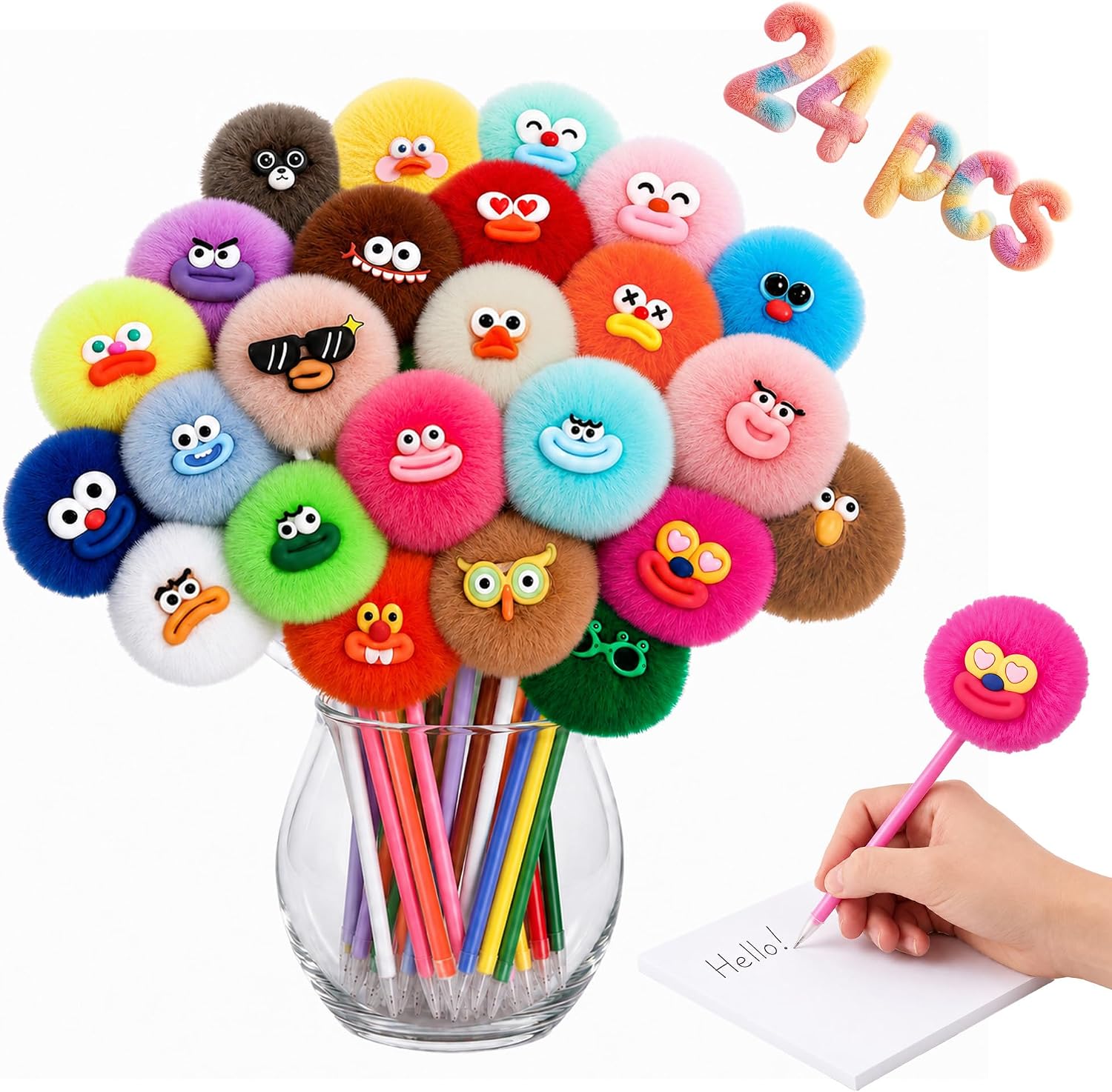 CZWZ 24 Pack Pom Pom Pens Fluffy Cute Pens - Funny Emoji Face Kawaii Plush Novelty Gel Ink Pens 0.5mm for Kids Girls, Classroom Prizes, Treasure Box Toys, Party Favors & Back to School Gifts