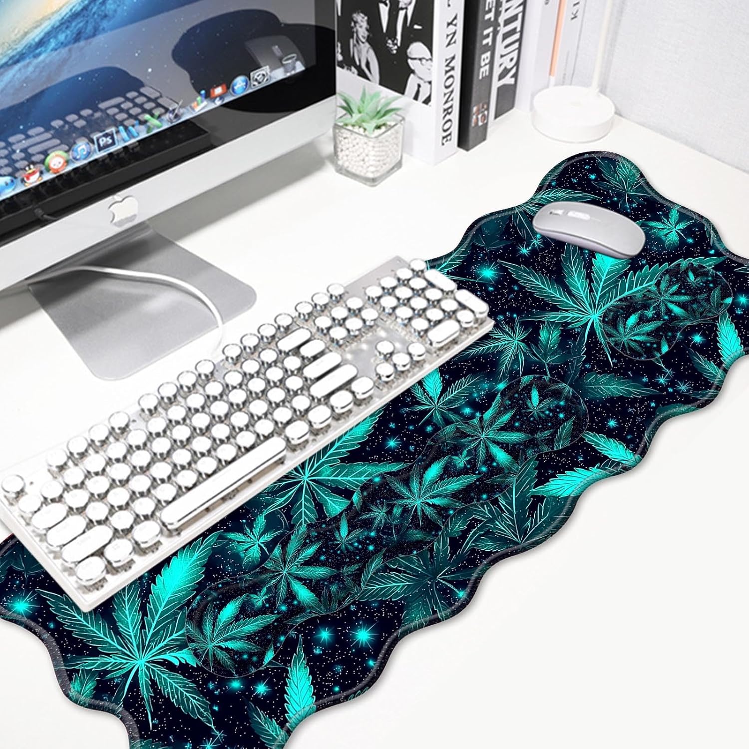 4 in 1 Desk Mat Set,Mouse Pad with Keyboard Wrist Rest,Wave-Shaped Design,Non-Slip Rubber Base,Waterproof,for Home,Office,Gaming,Green Plant Leaf