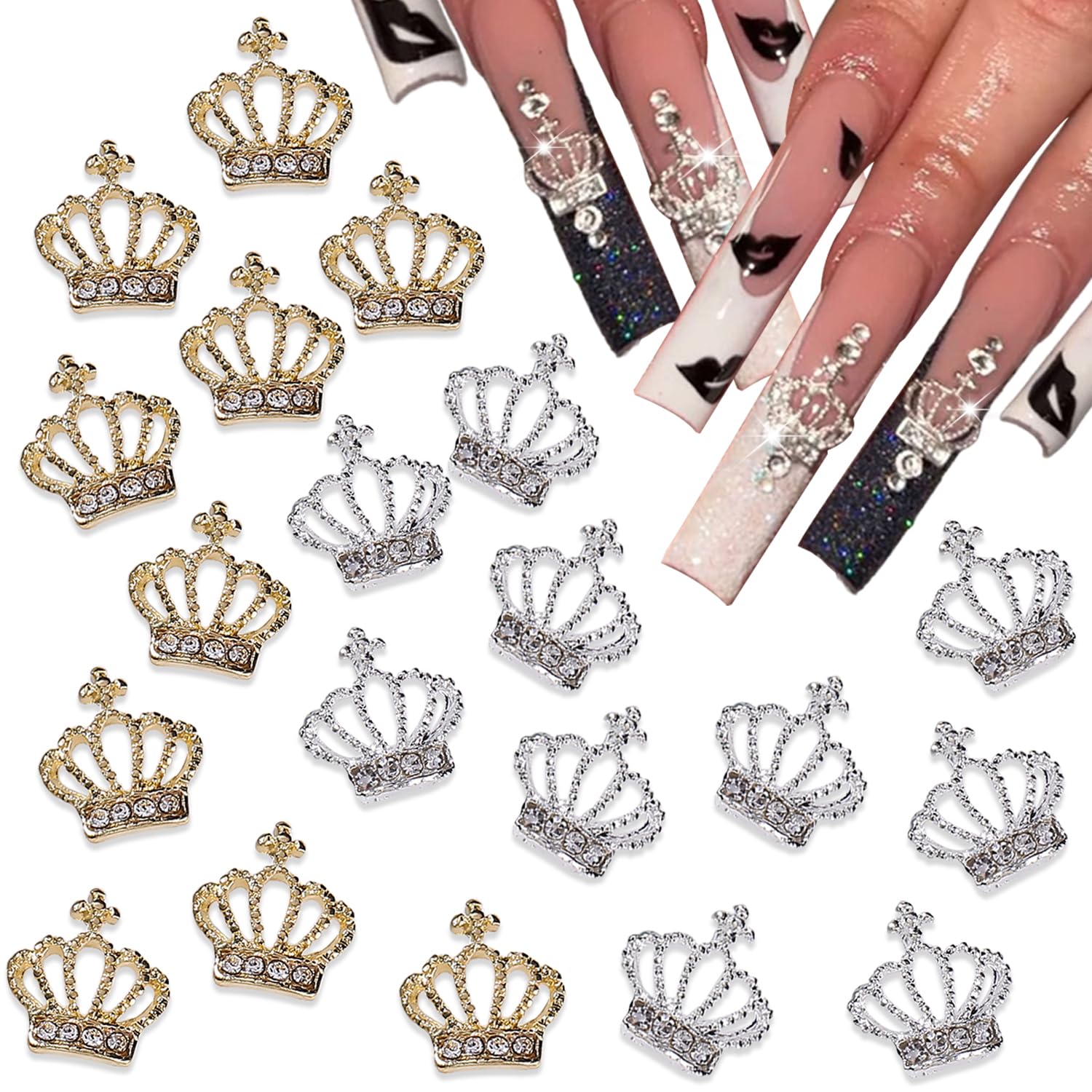 20Pcs Crown Nail Charms Luxury Rhinestones for Gold Silver Gems Crafts Alloy Exquisite Art Designs Acrylic Shiny Nails for Women DIY Decoration