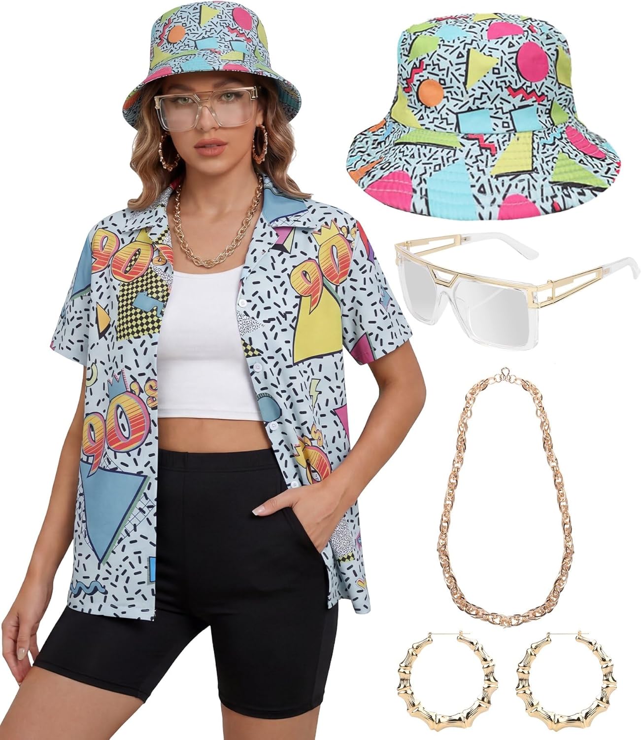 80s 90s Outfit for Women Retro Theme Party Disco Outfit Hip Hop Costume Button Up Blouse Tops Hawaiian Short Sleeve 6PCS