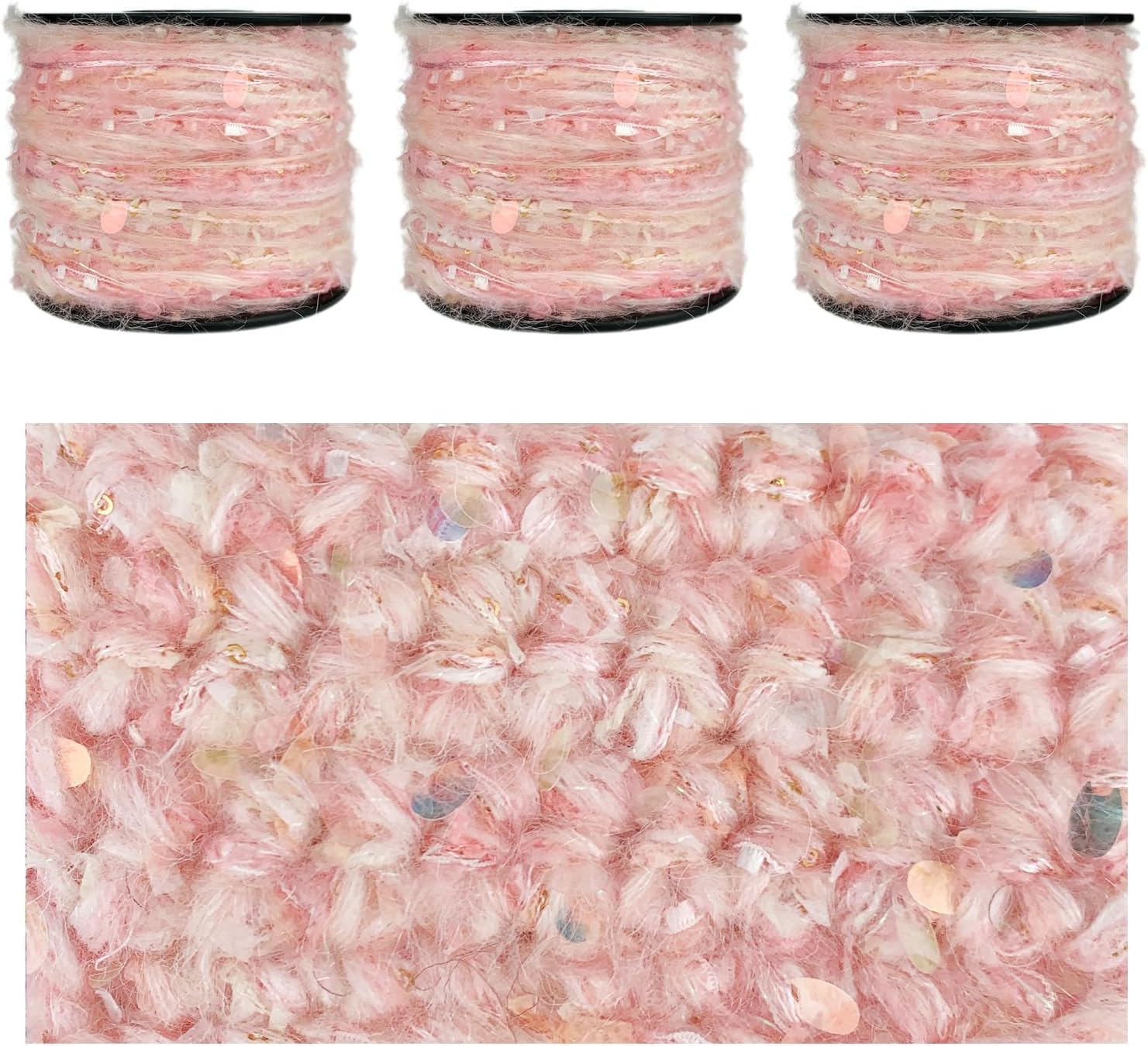 Artisanal Yarn Collection Multifiber Fancy Yarn with Sequins & Iridescent Shimmering Threads for Knitting Crocheting Crafts DIY, Set of 3 Rolls (Peachy Pink)