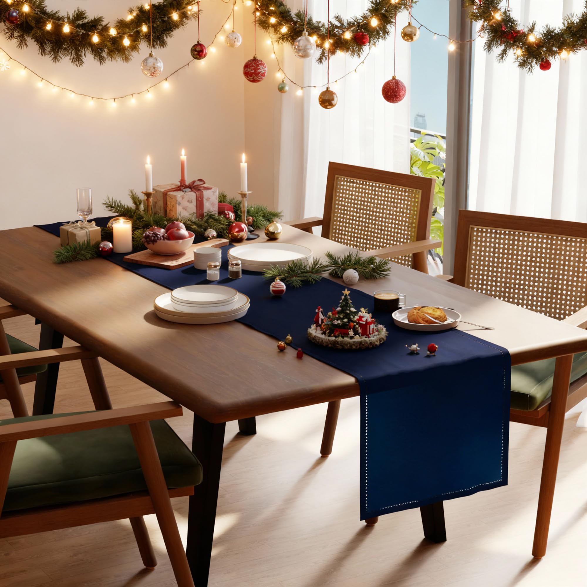 Encasa XO Runner da Tavolo | Puro Cotone con Design Orlato | Dimensioni 40x183 cm | Scotch Blue - Lavabile in Lavatrice